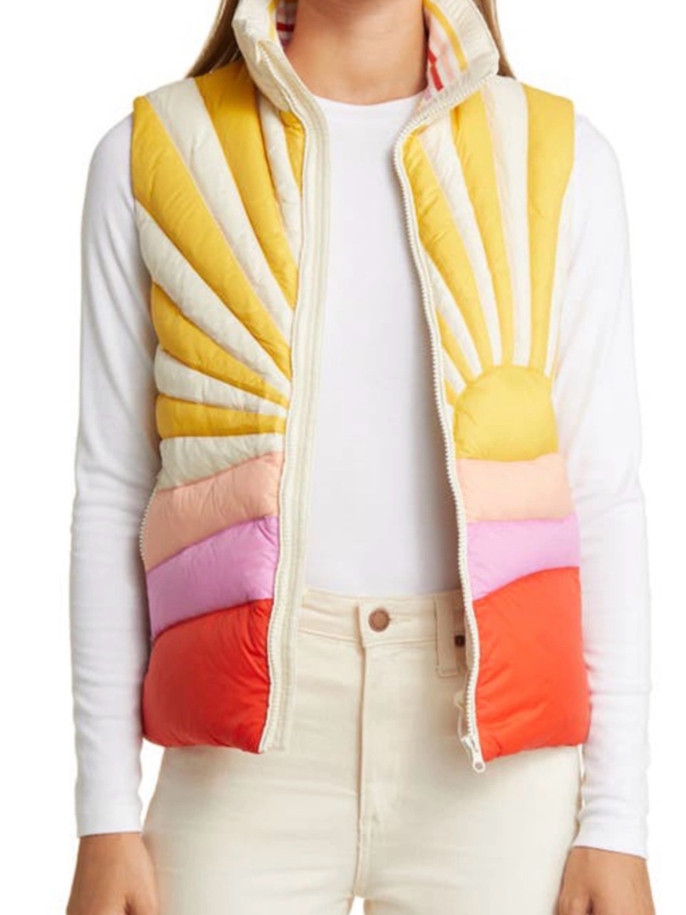 Marine Layer Sunburst Quilted Puffer Vest - Yellow, Orange, Pink, Cream